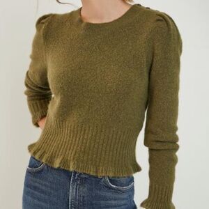 Anthropologie DREA Cropped Fitted Green Comfy Cozy Winter Crew Neck Sweater MED